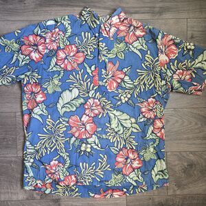 Reyn Spooner Phil Edwards Hibiscus Floral Hawaiian Shirt Blue Cotton Pullover XL